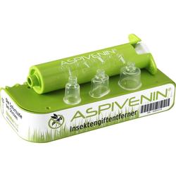 Grüner Insektengiftentferner mit drei durchsichtigen Aufsätzen auf einer Verpackung.