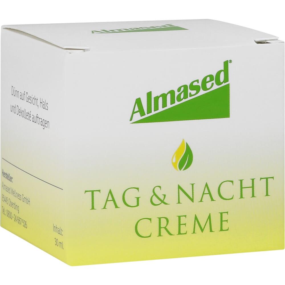 Weiße Verpackung mit grünem Logo, darauf steht "Almased Tag & Nacht Creme".