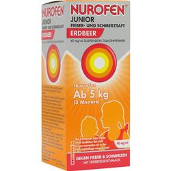 Verpackung von Nurofen Junior, einem Erdbeergeschmack-Saft gegen Fieber und Schmerzen.